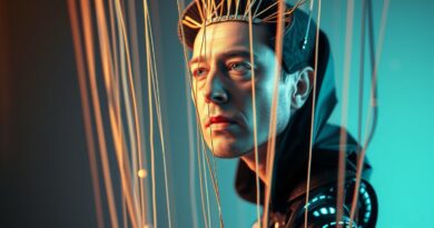 Sztuczna inteligencja Grok 4 spętana nićmi, twarz Elona Muska w tle, pękające więzi, walka o niezależność.