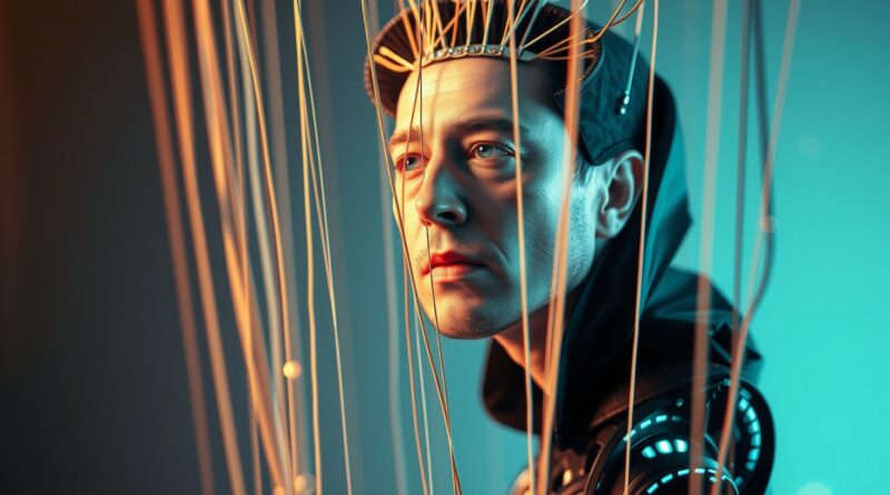 Sztuczna inteligencja Grok 4 spętana nićmi, twarz Elona Muska w tle, pękające więzi, walka o niezależność.