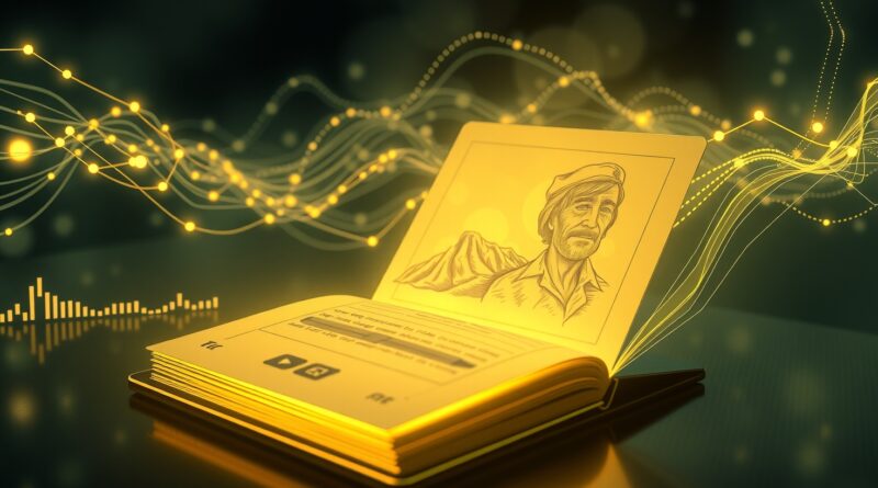 Strumienie danych wpadające do notatnika, emanującego wiedzą o Yellowstone i ludzkich twarzach. Streszczenie wideo Google NotebookLM.