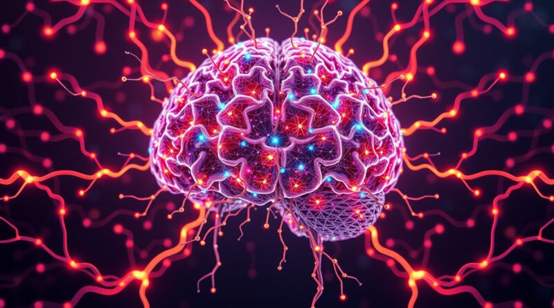 Abstrakcyjny cyfrowy mózg, sieci neuronów, energie analitycznego myślenia, koncepcja głębokiego uczenia się.