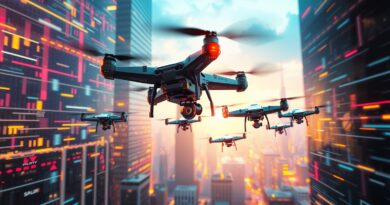 Rój futurystycznych dronów w abstrakcyjnym mieście, widziany przez interfejs kamery nadzoru.