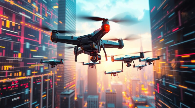 Rój futurystycznych dronów w abstrakcyjnym mieście, widziany przez interfejs kamery nadzoru.
