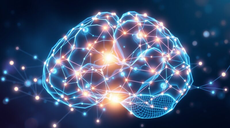 Abstrakcyjna sieć neuronowa AI z pulsującymi węzłami, symbolizująca uczenie pół-online i synchronizację.