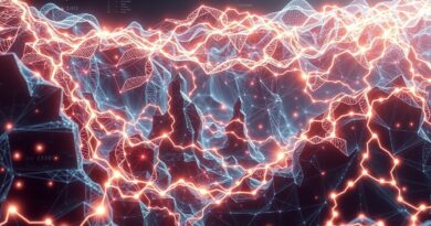 Abstrakcyjny krajobraz matematyczny: światła sieci neuronowych symbolizują efektywne uczenie się modelu językowego (WeGeFT).