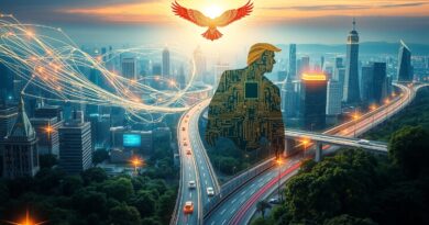 Neo-futurystyczna metropolia AI; sylwetka Trumpa w algorytmach, rozwój, ekologia, technologiczny orzeł.