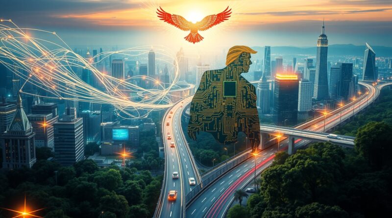 Neo-futurystyczna metropolia AI; sylwetka Trumpa w algorytmach, rozwój, ekologia, technologiczny orzeł.
