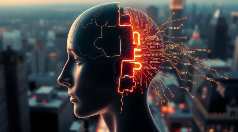 Rozszczepiona głowa z kodem binarnym i neuronami symbolizuje utratę pewności siebie przez AI pod wpływem błędnych danych.