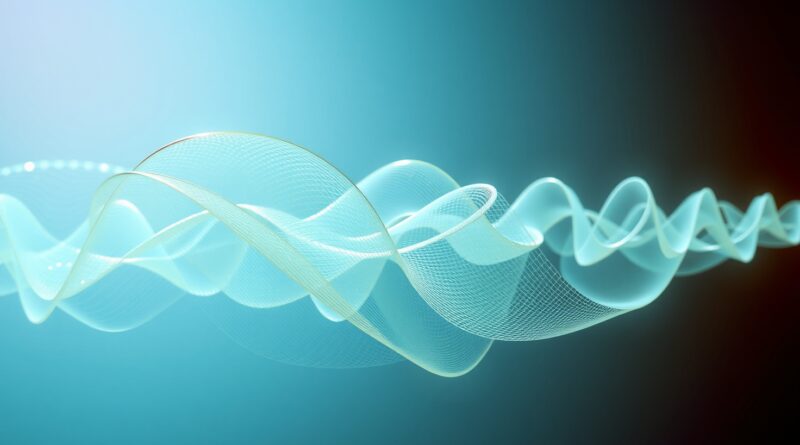 Abstrakcyjna transformacja dźwięku: chaotyczne fale przekształcają się w czystą, zrozumiałą mowę dzięki AI.