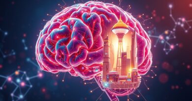 Energetyczne transformery w AI: mózg z miastem przyszłości symbolizuje nową erę rozumowania maszyn.