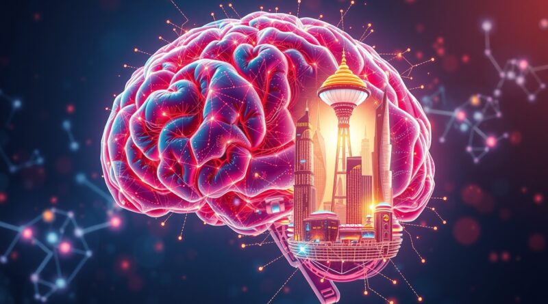 Energetyczne transformery w AI: mózg z miastem przyszłości symbolizuje nową erę rozumowania maszyn.