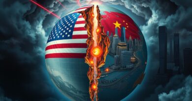 Pęknięty glob ziemski, z amerykańską flagą i chińskim miastem, przecięty laserami, symbolizuje konflikt o AI.