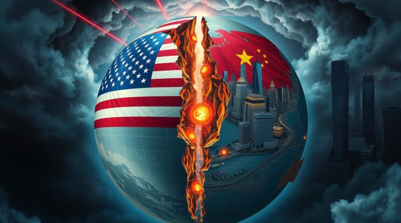 Pęknięty glob ziemski, z amerykańską flagą i chińskim miastem, przecięty laserami, symbolizuje konflikt o AI.
