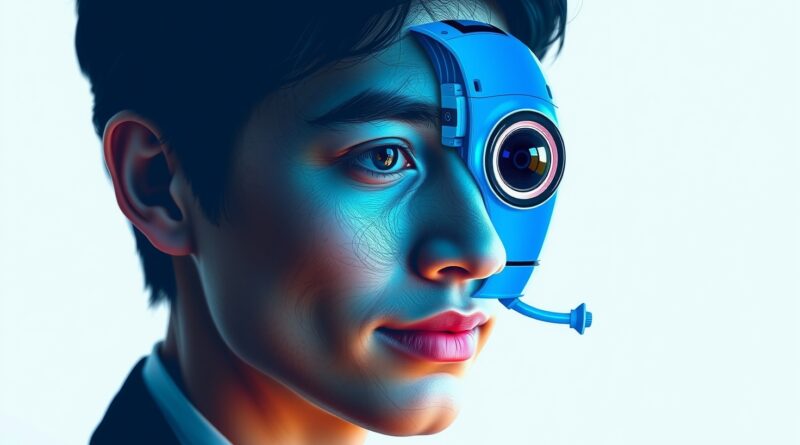 Abstrakcyjny portret osoby, która płynnie przechodzi w kreskówkową postać AI, ewoluująca natura rozrywki AI.