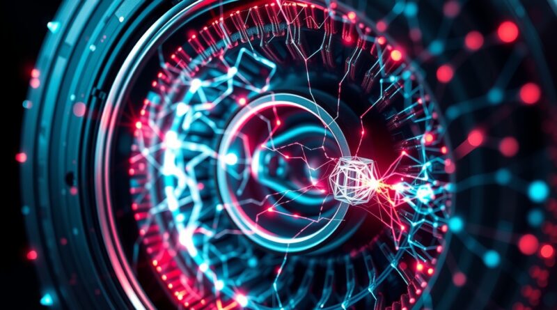 Abstrakcyjna wizualizacja rdzenia silnika elektrycznego z siecią neuronową AI wykrywającą ukryte usterki.