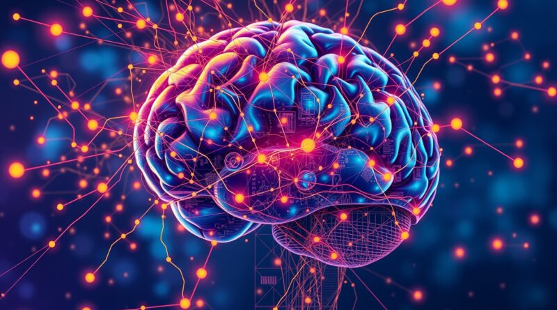 Abstrakcyjny mózg spleciony ze strumieniami danych, w kolorach niebieskim, fioletowym i pomarańczowym, symbolizuje AI i personalizację.