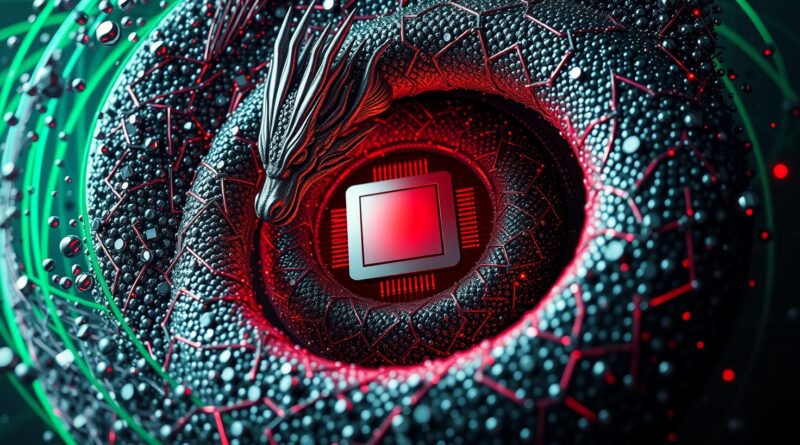 Abstrakcyjny wir metalicznych cząstek (grafit, srebro, karmazyn) opleciony wokół mikroukładu, smocze łuski z irydescencją.