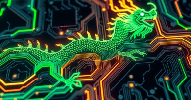 Abstrakcyjna płyta główna ze ścieżkami przypominającymi smoka z Wielkiego Muru, podświetlona neonowo.