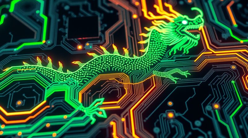 Abstrakcyjna płyta główna ze ścieżkami przypominającymi smoka z Wielkiego Muru, podświetlona neonowo.