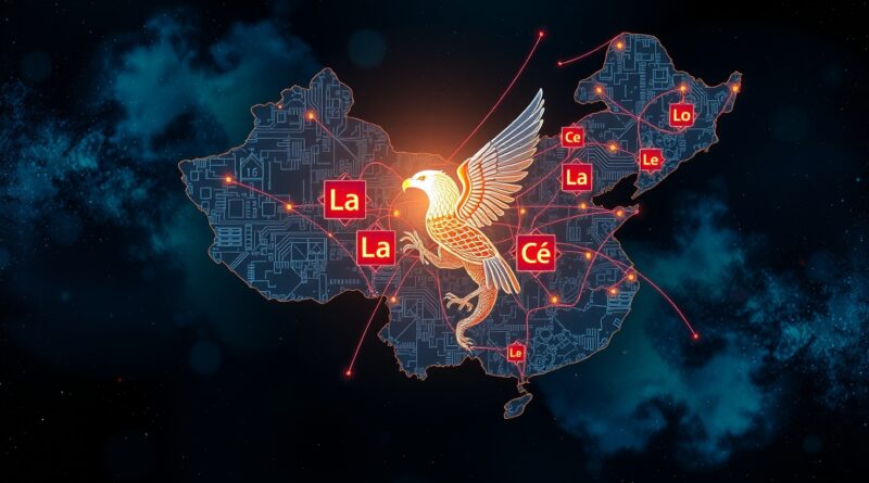 Krzemowy wafelek z mapą Chin, symbole pierwiastków ziem rzadkich, nebula, spleciony smok z orłem.