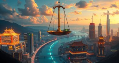 Stylizowany Jedwabny Szlak z chipami Nvidia i juanami, symbolizujący technologiczny handel USA-Chiny w delikatnej równowadze.