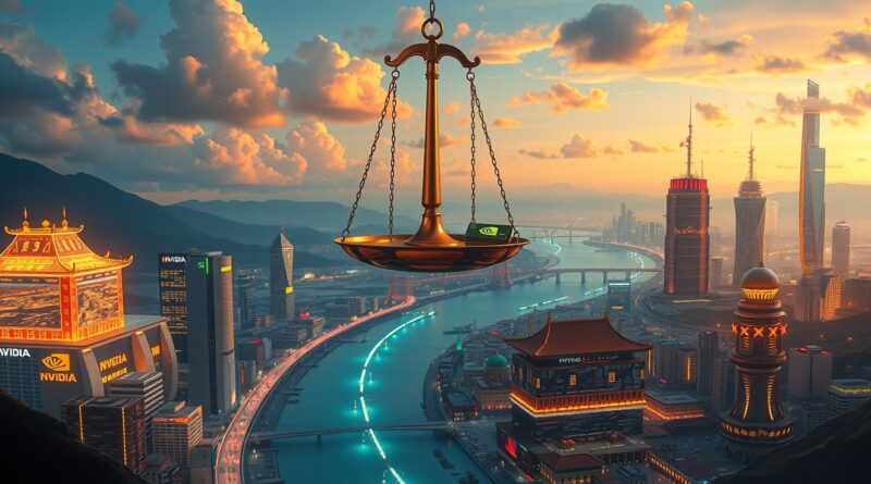 Stylizowany Jedwabny Szlak z chipami Nvidia i juanami, symbolizujący technologiczny handel USA-Chiny w delikatnej równowadze.
