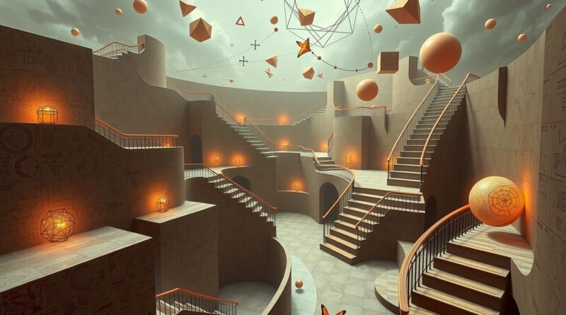 Surrealistyczny pejzaż z matematycznymi symbolami i schodami Escher'a, oddający granice rozumowania matematycznego w AI.