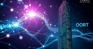 Sieć danych AI w kosmicznej przestrzeni wpływa do korporacyjnego wieżowca, symbolizując integrację z systemami.