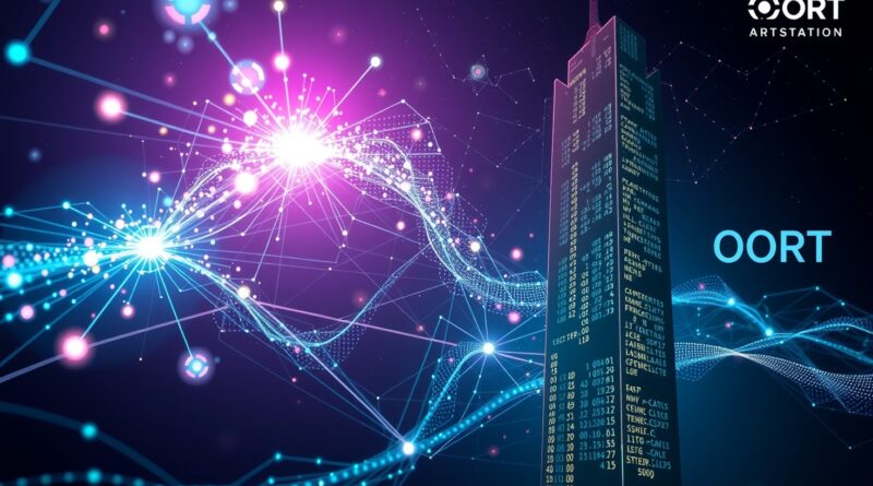 Sieć danych AI w kosmicznej przestrzeni wpływa do korporacyjnego wieżowca, symbolizując integrację z systemami.