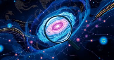 Kosmiczna sieć danych i kodu z AI w centrum, monitorowana powiększająca szkłem. Sztuczna inteligencja w monitoringu.