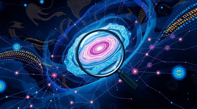 Kosmiczna sieć danych i kodu z AI w centrum, monitorowana powiększająca szkłem. Sztuczna inteligencja w monitoringu.