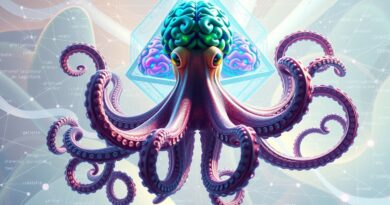 Iridescentny ośmiornica z ośmioma świecącymi mózgami, symbolizująca OctoThinker - przełom w uczeniu ze wzmocnieniem LLM.
