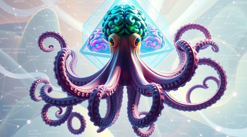 Iridescentny ośmiornica z ośmioma świecącymi mózgami, symbolizująca OctoThinker - przełom w uczeniu ze wzmocnieniem LLM.