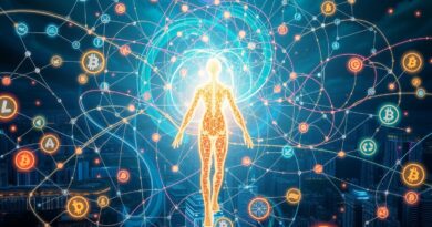 Futurystyczny byt AI wyłania się z sieci danych Web3, na tle miasta przyszłości.