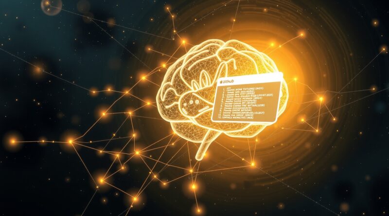 Świecąca konstelacja mózgu połączona kodem z minimalistycznym GitHubem w mgławicy danych. Inteligencja i AI w rozwoju oprogramowania.