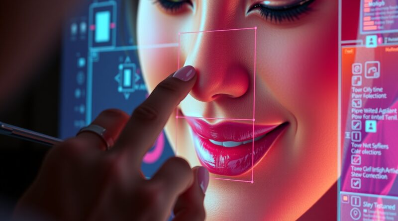Artysta cyfrowy precyzyjnie dopracowuje detale portretu AI za pomocą interfejsu holograficznego, używając funkcji High Input Fidelity.
