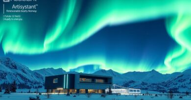 Futurystyczne centrum danych w Norwegii pod zorzą polarną, symbolizujące przepływ danych i energii AI.