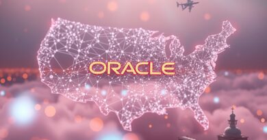 Abstrakcyjna chmura cyfrowa sieci neuronowych nad centralną Ameryką, logo Oracle, pastelowe barwy, rozwój AI.