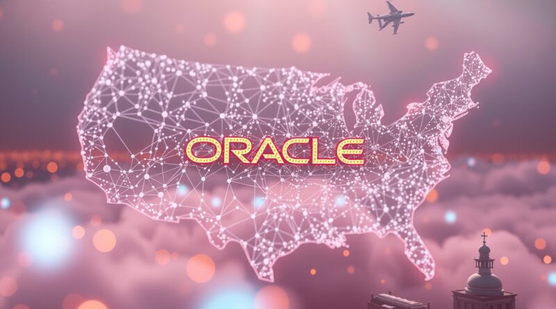 Abstrakcyjna chmura cyfrowa sieci neuronowych nad centralną Ameryką, logo Oracle, pastelowe barwy, rozwój AI.