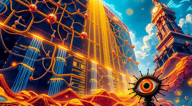 Abstrakcyjna sieć neuronowa jako centrum danych, złote światło, oko AI. Technologie, finanse.