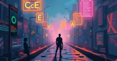 Futurystyczny labirynt miasta AI w zmierzchu. Rozdroże, sylwetka figury z obwodów, napięcie i decyzja.