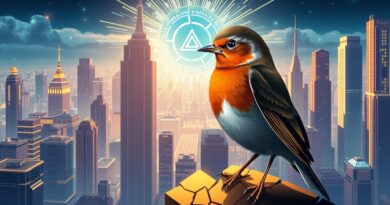 Stylizowany rudzik na blockchainie, futurystyczne miasto, portal OpenAI, ostrzeżenie na Wall Street. Ambitna ostrożność w tokenizacji.