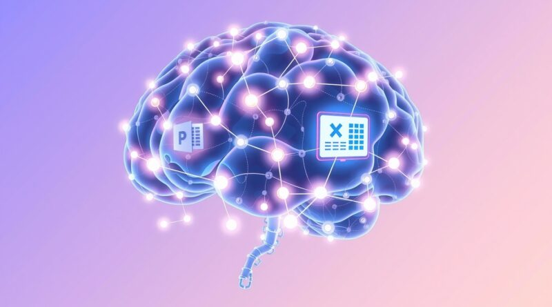 Świecący mózg z węzłami AI, tworzący prezentacje i arkusze kalkulacyjne. Futuryzm, innowacja, inteligencja.