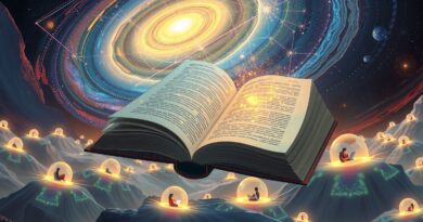 Surrealistyczna ilustracja "Study Together": książka w kosmosie, równania, uczniowie w kapsułach, połączona wiedza.