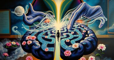 Surrealistyczny labirynt wiedzy AI. Student prowadzony przez dane ku światłu książki.