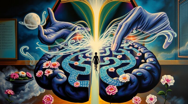 Surrealistyczny labirynt wiedzy AI. Student prowadzony przez dane ku światłu książki.