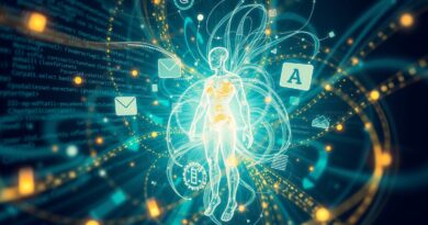 Abstrakcyjny agent AI wyłania się z danych, obsługując kalendarze, edytory kodu. Niebiesko-zielona tonacja, złote akcenty.