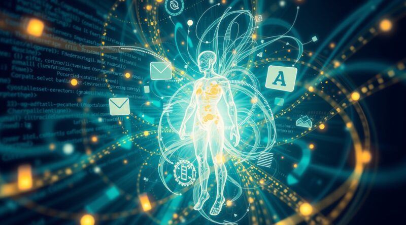 Abstrakcyjny agent AI wyłania się z danych, obsługując kalendarze, edytory kodu. Niebiesko-zielona tonacja, złote akcenty.