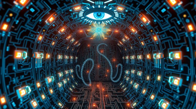 Labiryntowy skarbiec danych, strzeżony przez AI. Symbol korporacyjnego bezpieczeństwa informacji, OpenAI zacieśnia ochronę.
