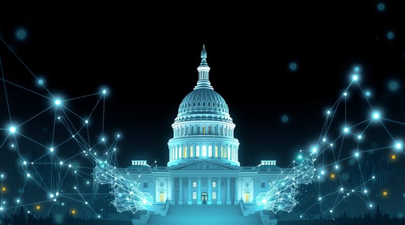 Futurystyczna sieć danych wewnątrz konturów Kapitolu, symbolizująca AI w sektorze rządowym; barwy błękitu, zieleni i bieli.