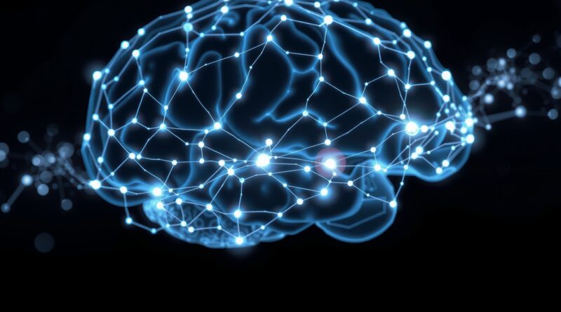 Futurystyczna sieć neuronowa w mózgu, symbolizująca rolę pamięci w autonomii agentów AI.